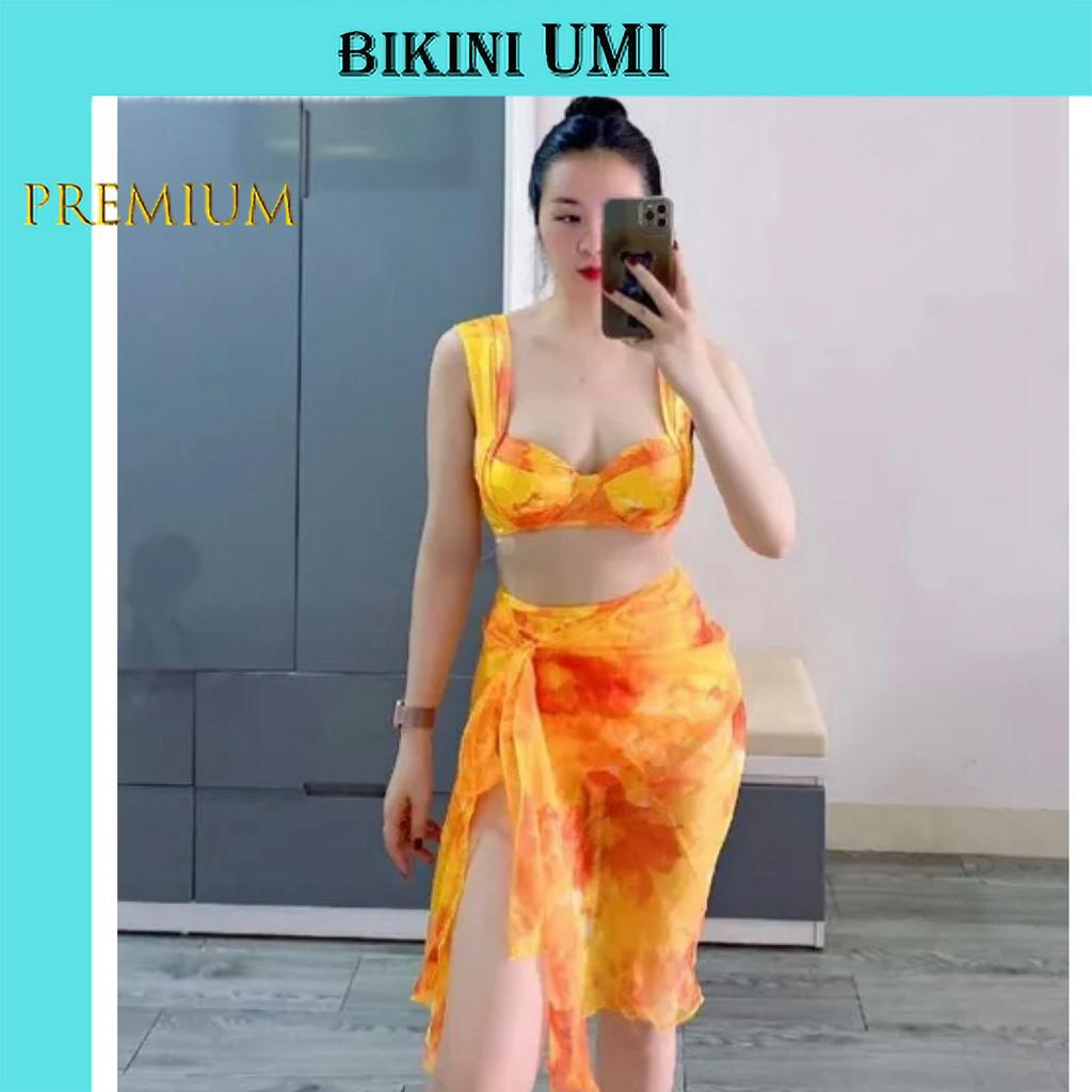 BIKINI 2 MẢNH GỌNG KÈM KHĂN HỌA TIẾT VÀNG LOANG  SẾP LI CAO CẤP BIKINI UMI