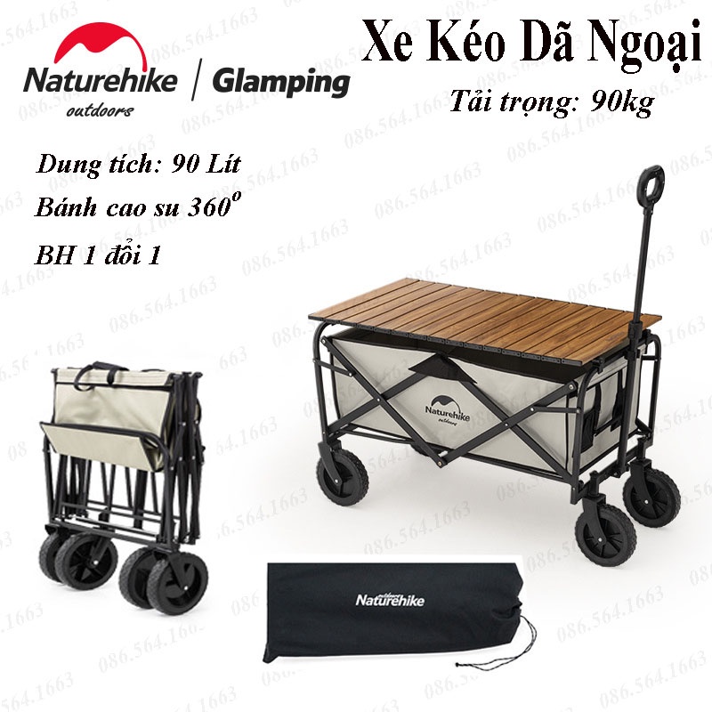 Xe Kéo Dã Ngoại Naturehike - Xe Đẩy Cắm Trại Du Lịch Gấp Gọn Tải Trọng 90Kg Khung Hợp Kim Bánh Bản Lớn