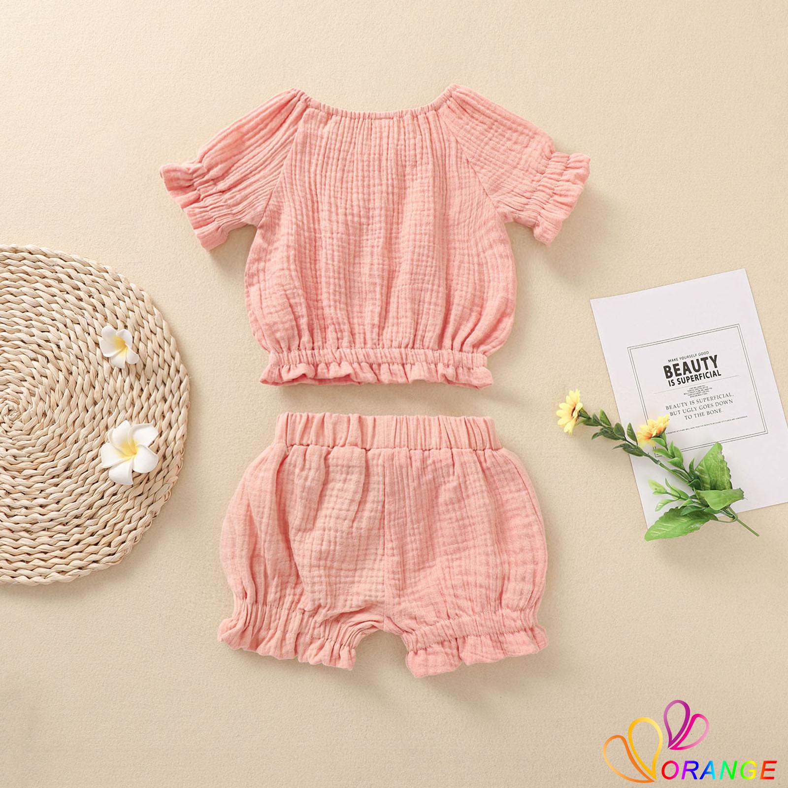 Set Đồ 2 Món Gồm Áo Croptop Tay Ngắn Cổ Tròn Màu Sắc Đơn Giản + Quần Short Lưng Thun Co Giãn Dành Cho Bé Gái 7-0 - 3 Tuổi