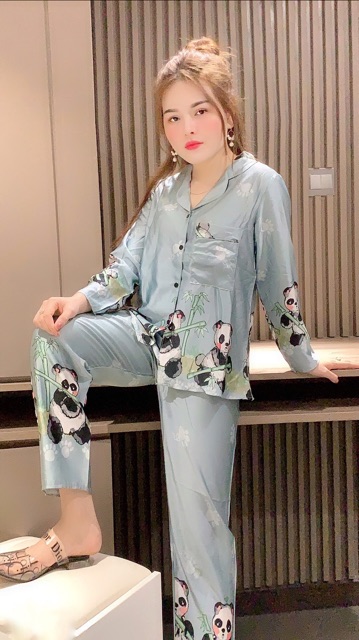 Đồ bô pijama satin tay dài quần dài chân bông gấu trúc hàng hot