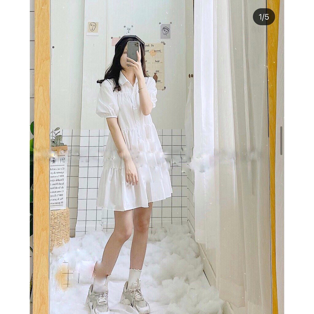 Đầm Sơ Mi Trắng Nữ Cộc Tay, 🌹KemVintage<FREESHIP>🌹, Váy Babydoll Nữ Tay Lỡ Dáng Lửng, Đầm Sơ Mi Đuôi Cá Màu Trắng