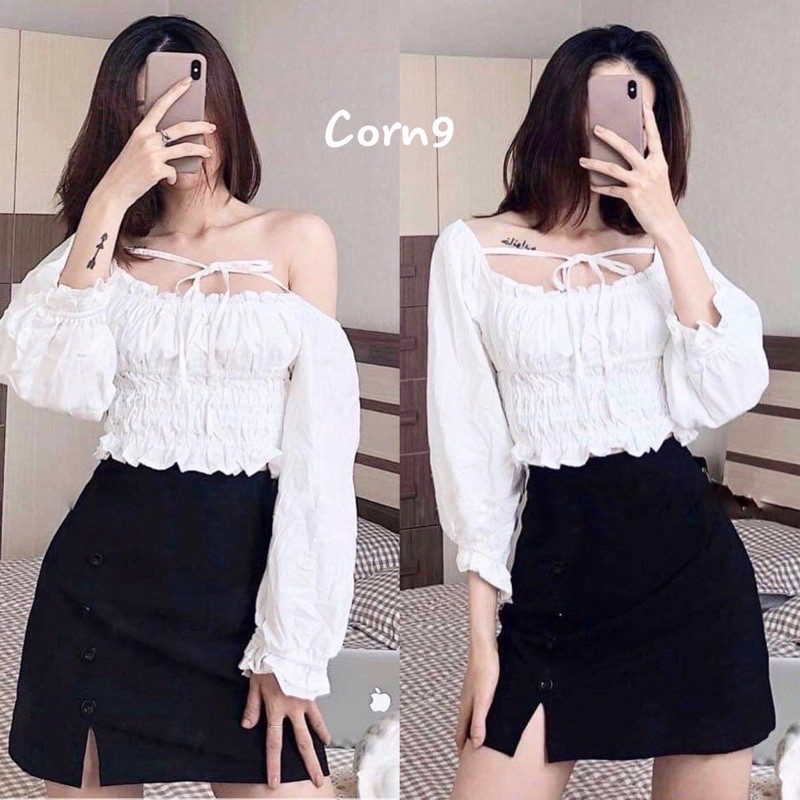 Áo tay dài bo chun eo nơ cột ngực | BigBuy360 - bigbuy360.vn