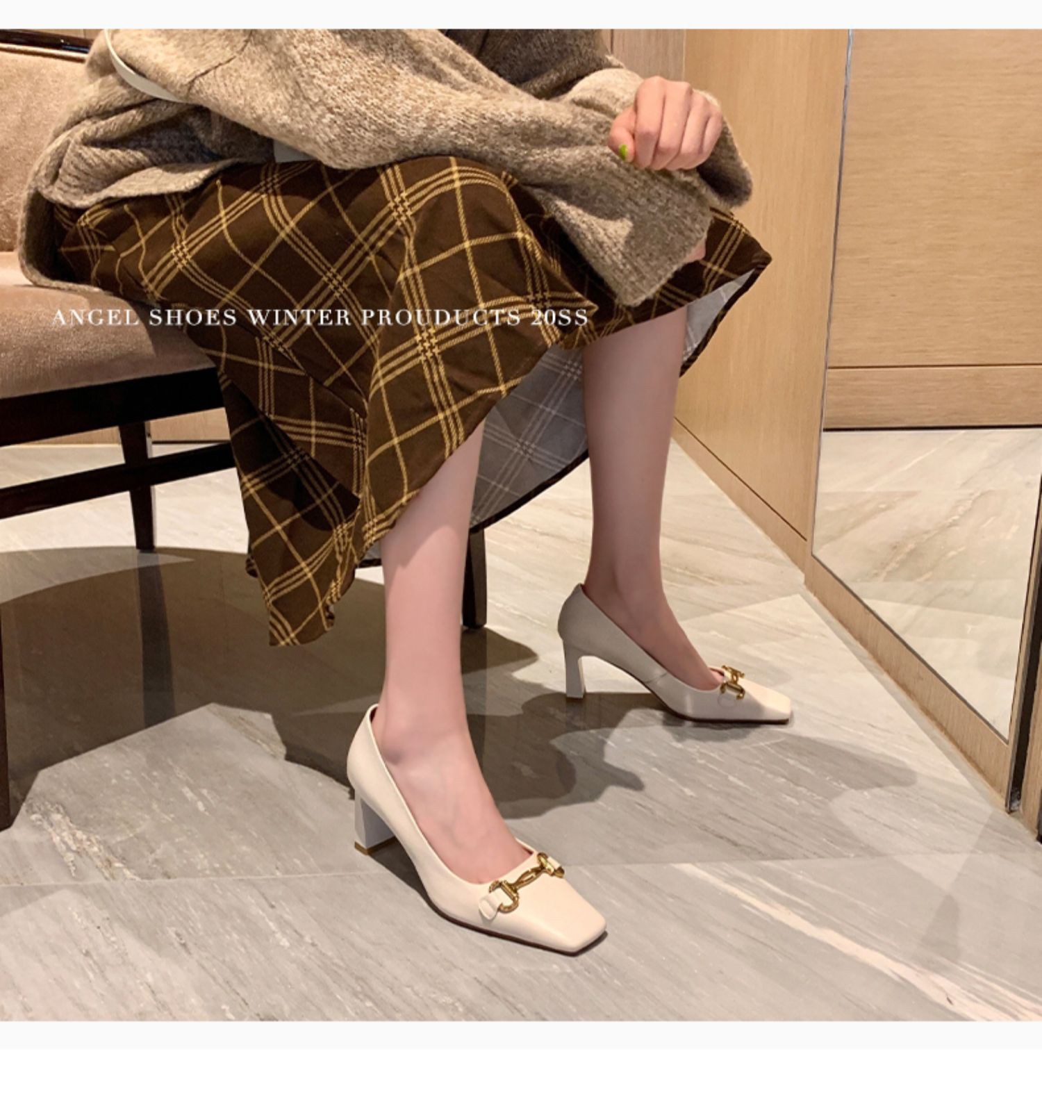 Giày cao gót mũi vuông kiểu Pháp cổ điển thời trang mùa thu thanh lịch cho bạn gái