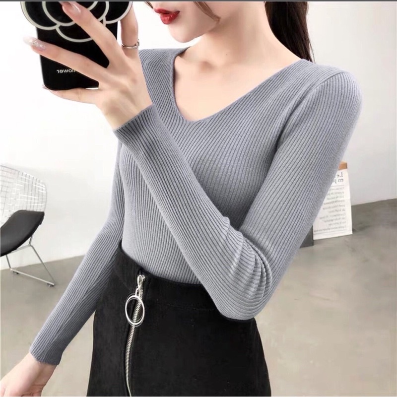 Áo len nữ dệt kim dài tay cổ tim bais nhiều màu