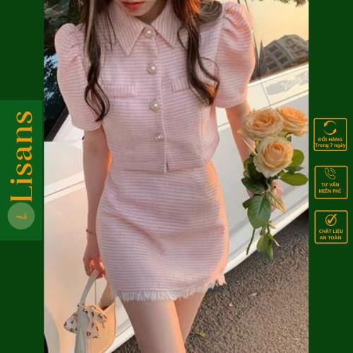 Set dạ tweed nữ tiểu thư màu hồng SVD002