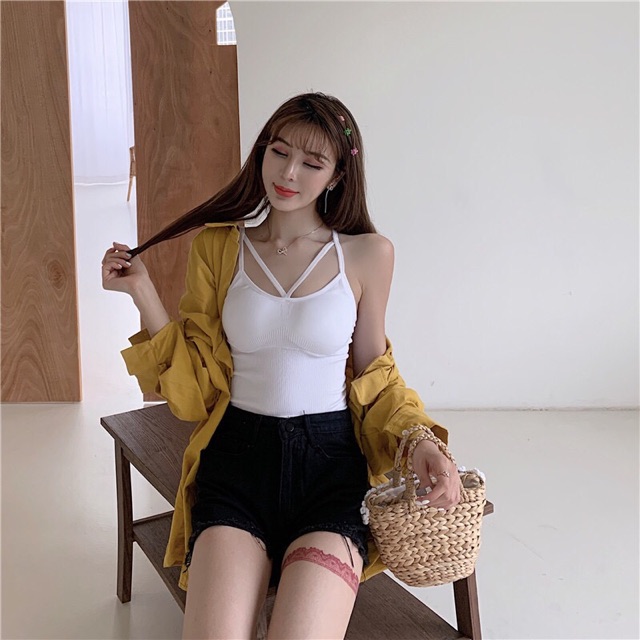 Áo Bra Gân Tăm Dáng Dài Dây Chéo Ngực Kèm Mút Đệm Ngực Bàn Tay Hàng Xuất Dư V88