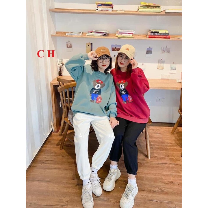 Áo Nỉ Gấu Lucky PEONYB Nữ [FREESHIP]  Sweater form rộng tay bồng, hoodie cổ tròn in hình vintage đẹp cá tính Ulzzang