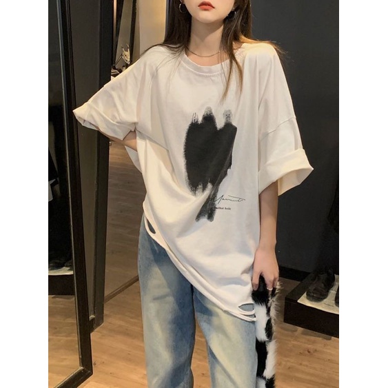 Áo thun PEWARN tay ngắn dáng rộng thiết kế rách phong cách Hàn Quốc thời trang mùa hè 2022