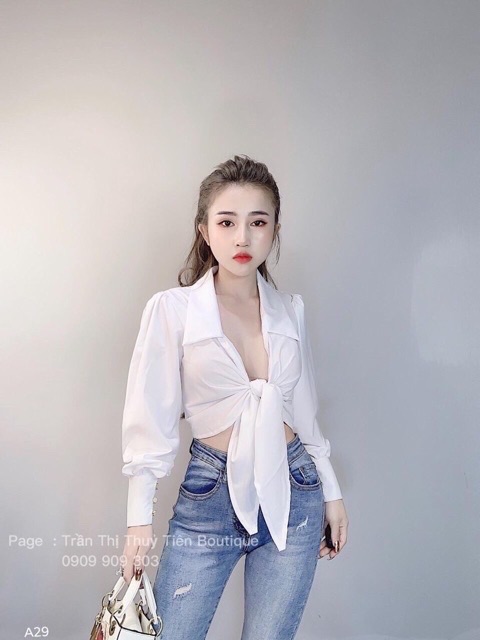 ÁO SƠMI PHI BÓNG CROPTOP CỘT ( kèm video)