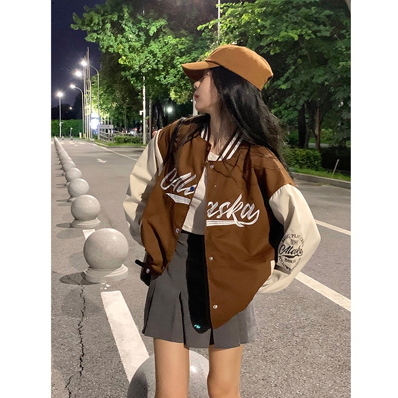 Áo varsity jacket 2022, áo khoác bomber nữ màu nâu, hồng chất nỉ đẹp thời trang unisex quảng châu ulzzang