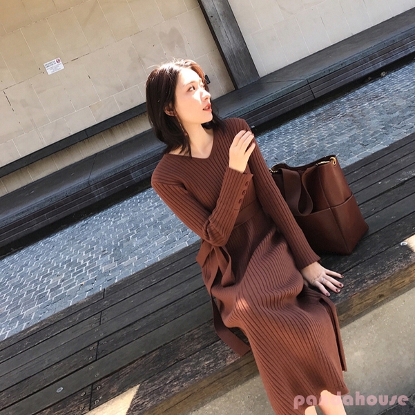 Women Dress Round Collar Knit Dress Autumn Slim Long Sleeve Mid-length Casual Sweater Belt Dress Wool Clothing | BigBuy360 - bigbuy360.vn