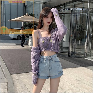 SẴN Cả set áo ống croptop len màu tím gợi cảm + áo khoác ngoài len tím tay dài ulzzang