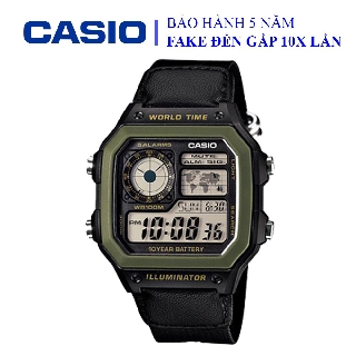 Đồng hồ Casio nam, dây da, thể thao, điện tử, 3 mặt hiển thị, xanh quân đội, chống nước WR100M đi bơi (AE-1200WHB-1BVD