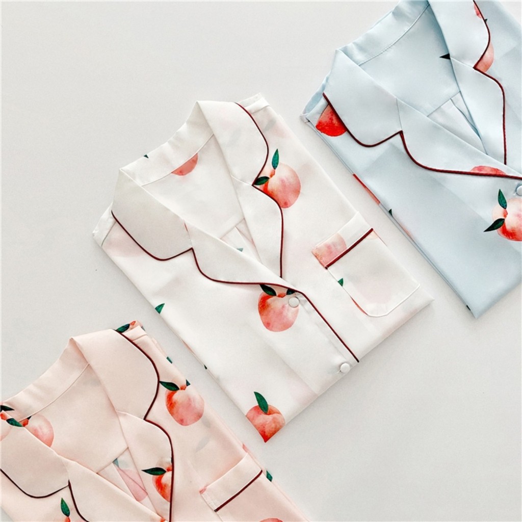 Bộ đồ ngủ mặc nhà lụa satin cao cấp chất mát hoạ tiết trái cây 4 màu mùa hè 2021 | BigBuy360 - bigbuy360.vn