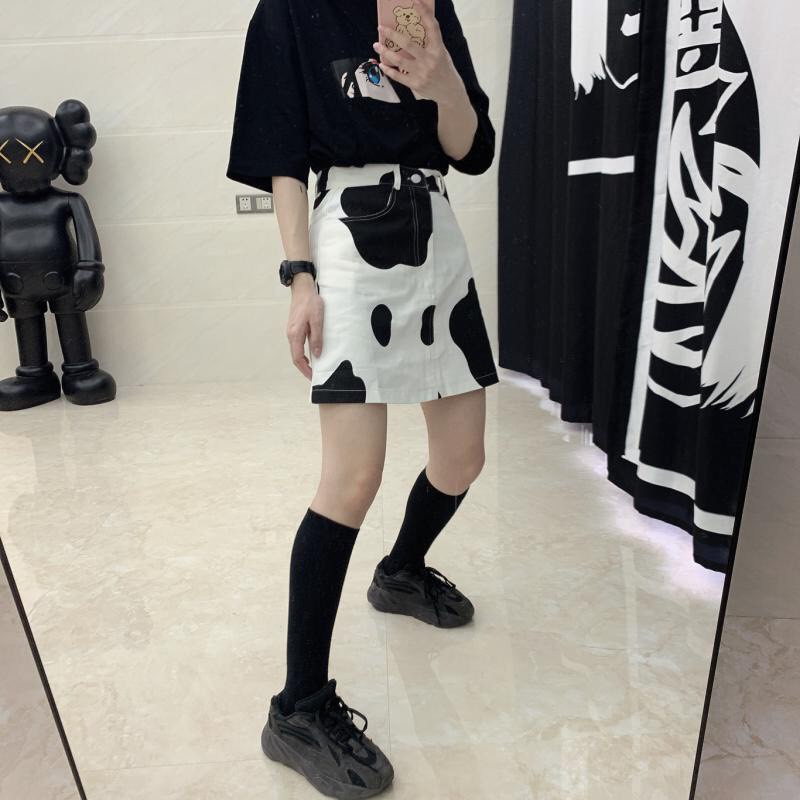 CHÂN VÁY CHỮ A HOẠ TIẾT BÒ SỮA THỜI TRANG CHO NỮ - CHÂN VÁY KAKI ĐEN TRẮNG ULZZANG