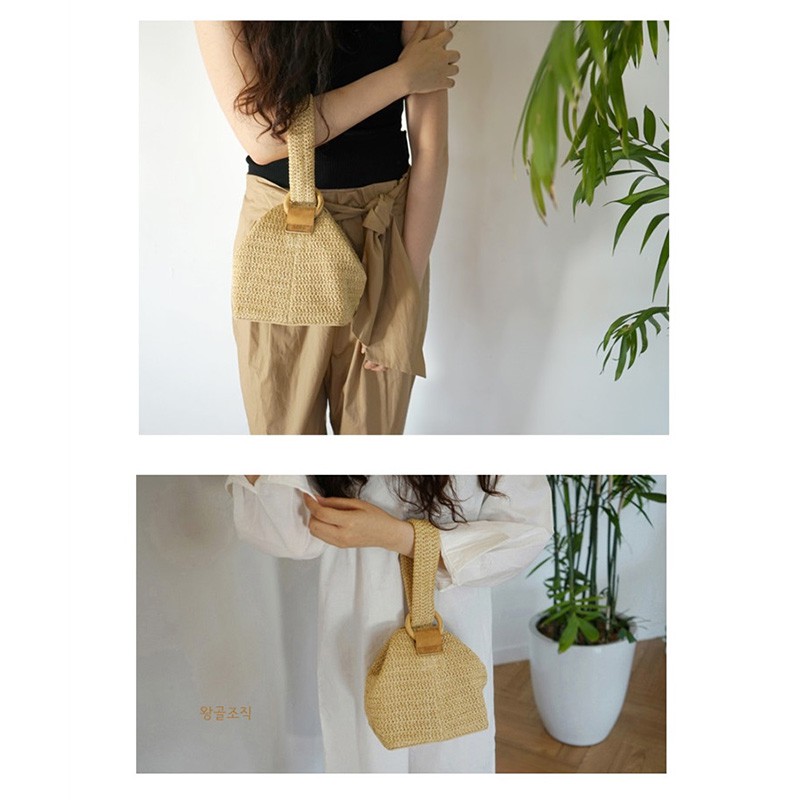 Túi cói Bằng Rơm Dệt Hình Vuông Nhỏ Có Khóa Vòng Dễ Thương