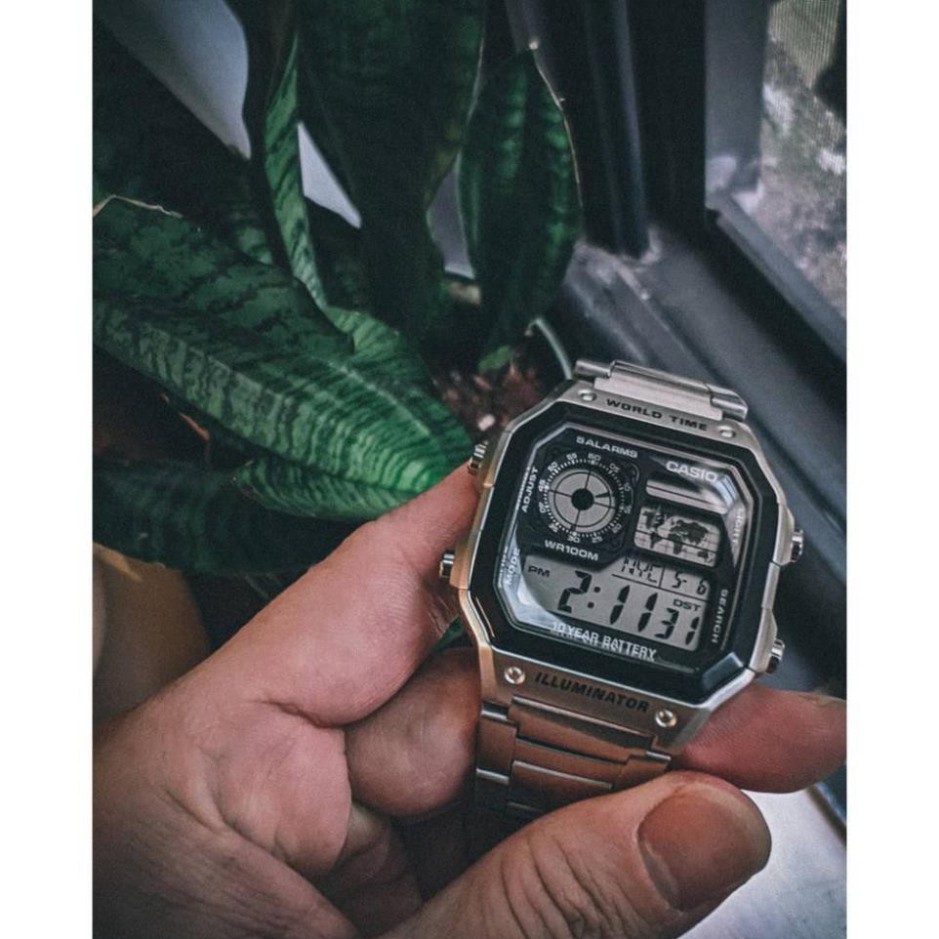 [HOT 2021]Đồng hồ nam Casio AE 1200-WHD classic chống nước , dây thép không gỉ (dây bạc mặt đen)-FULL BOX THiếc chínhãng