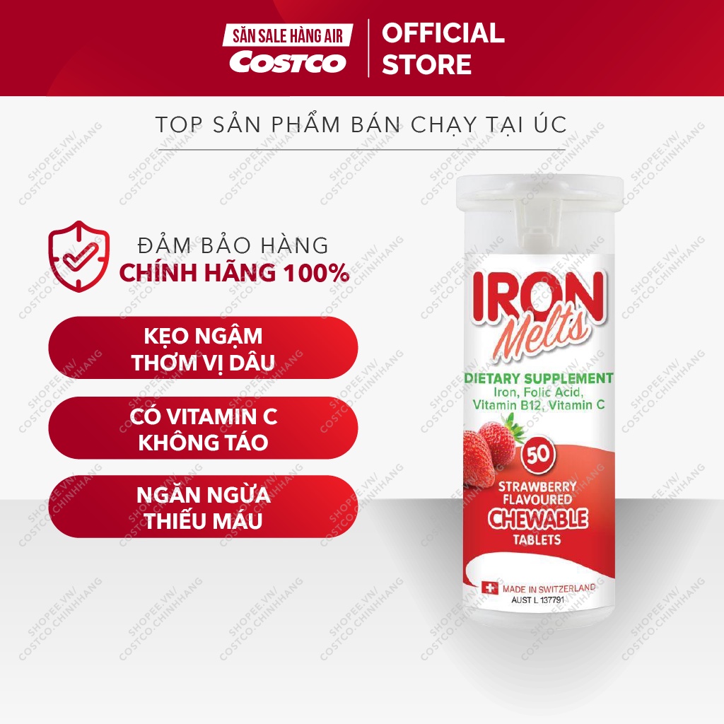 Kẹo viên sắt ngậm bổ sung sắt và vitamin C không táo, giảm thiếu máu [Đủ bill] Iron Melts lọ 50 viên