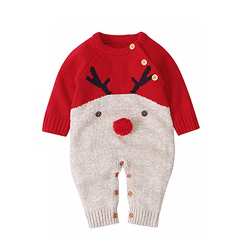 Bộ áo liền quần dệt kim tay dài họa tiết tuần lộc hoạt hình phong cách giáng sinh cho bé sơ sinh | BigBuy360 - bigbuy360.vn