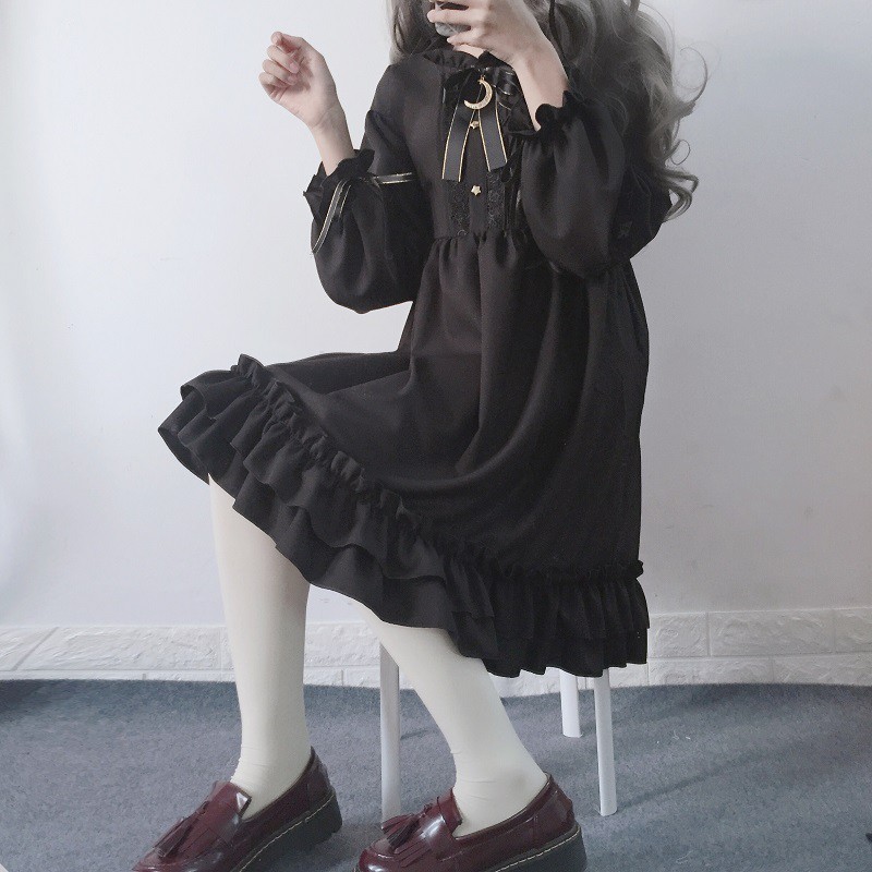 Đầm baby doll lolita tay dài màu đen thắt nơ ulzzang