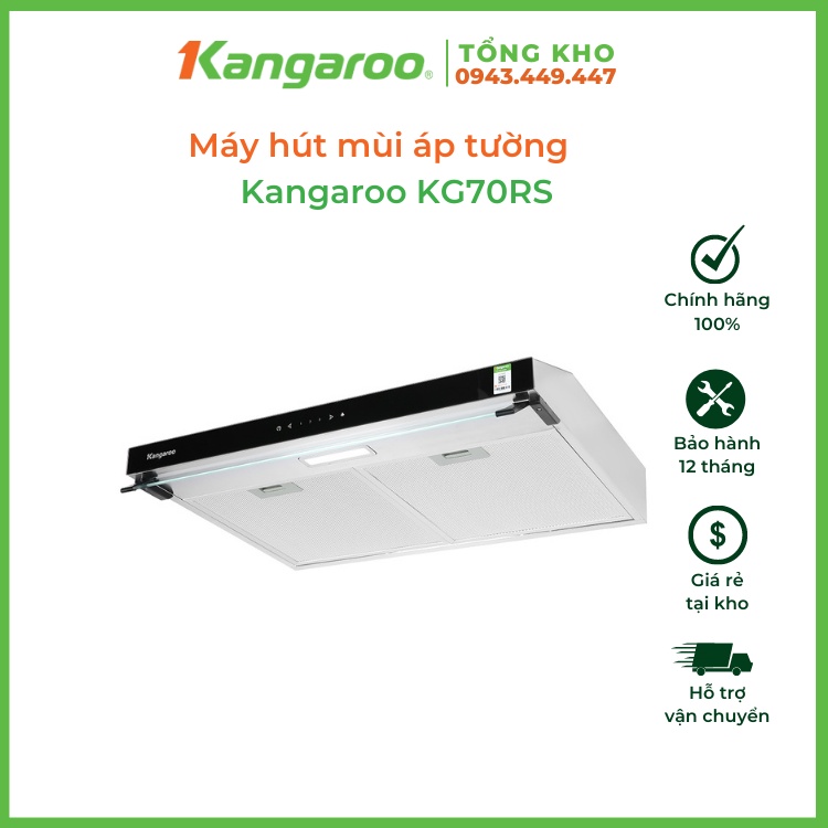 Máy hút mùi áp tường Kangaroo KG70RS model 2021, lắp âm tủ, chiều ngang 70cm, khử mùi bằng than hoạt