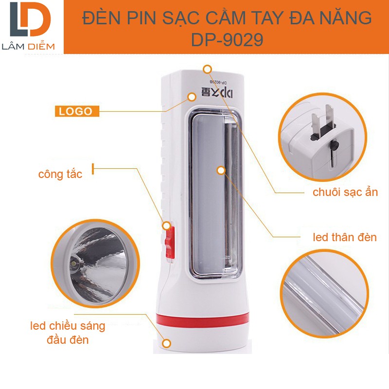 ĐÈN PIN LED SẠC CẦM TAY 2 CHẾ ĐỘ SÁNG DP 9029D