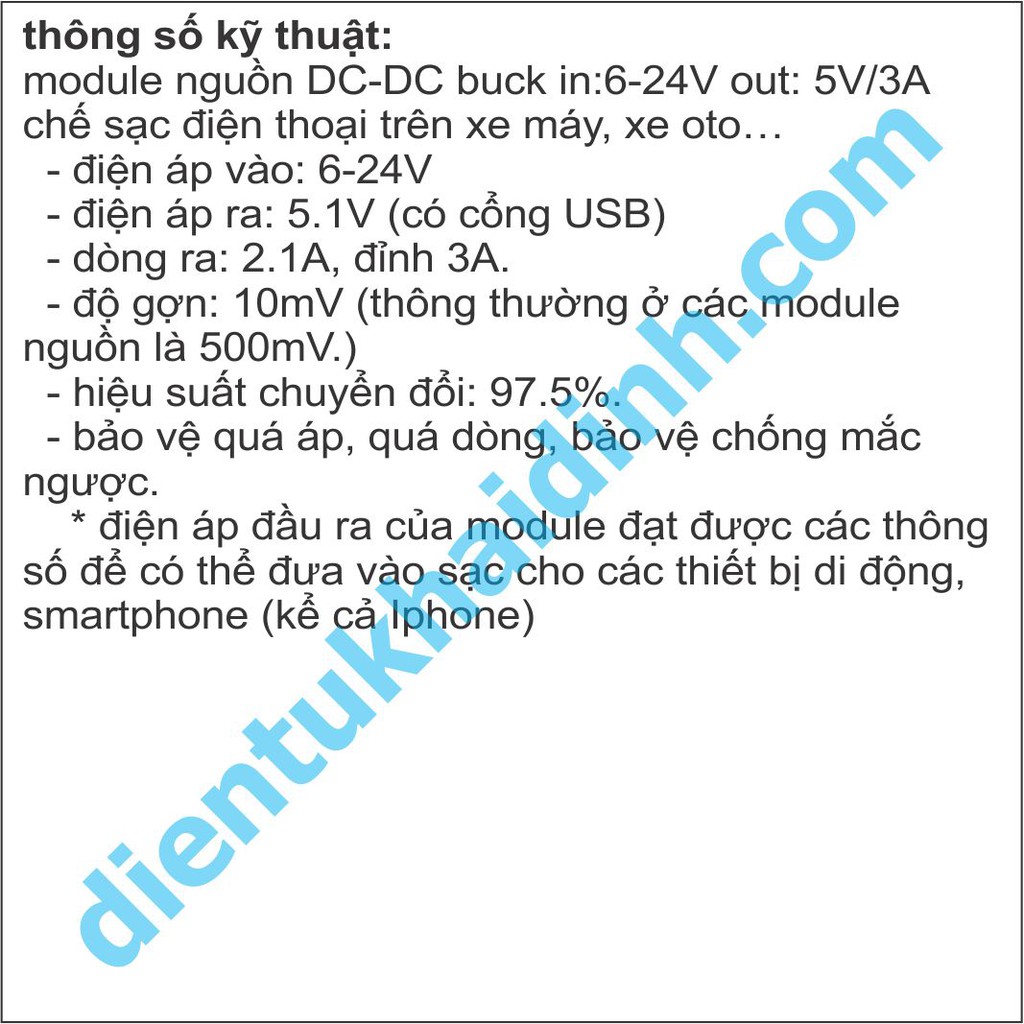 module nguồn DC-DC buck in:6-24V out: USB 5V/3A chế sạc điện thoại trên xe máy, xe oto… kde4698