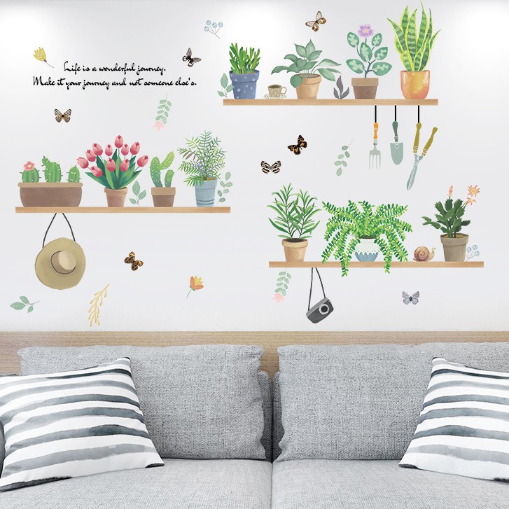 Tranh decal dán tường KỆ CÂY VÀ BƯỚM - Decal dán tường