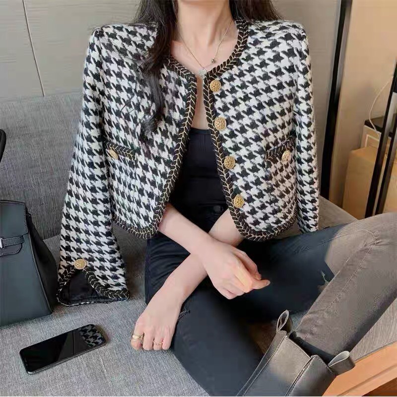 Áo dạ Tweed Forgirl kẻ caro dáng ngắn tiểu thư áo cardigan dạ dày dặn