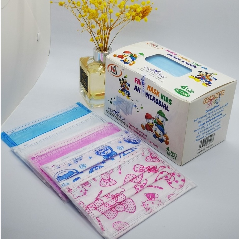 Hộp 50 Khẩu Trang Y Tế Kháng Khuẩn Trẻ Em Famapro 4 Lớp - Khẩu Trang Y Tế 3,4 Lớp Cho Bé, Thiếu Nhi