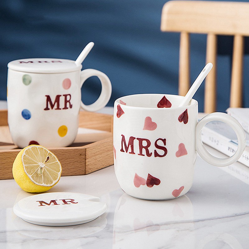 Simple Family Mugs Small Fresh with Spoons &Lids Mr and Mrs Mugs, Mrs