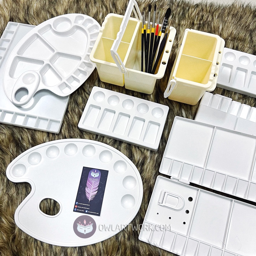 [CÚ TUYẾT] Xô Rửa Cọ 3 Ngăn, Khay Vỉ Pha Màu Cao Cấp Tổng Hợp Các Loại