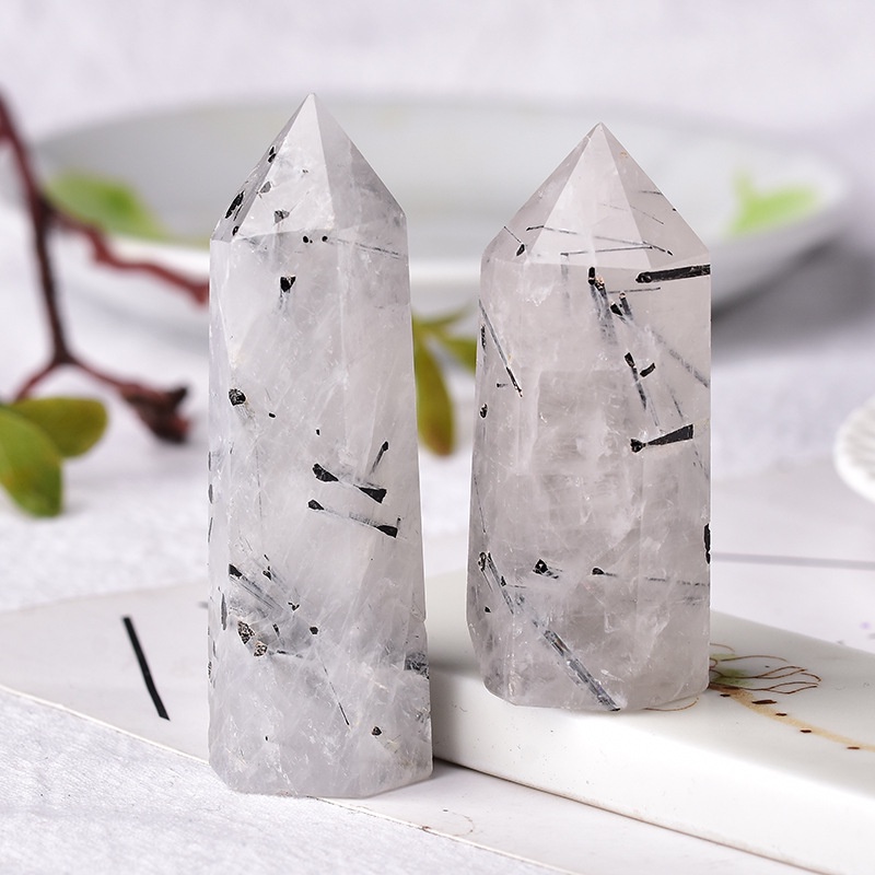 Trụ đá Black Tourmaline Quartz trắng tóc đen dùng trong thiền định và thanh tẩy (4-5cm)