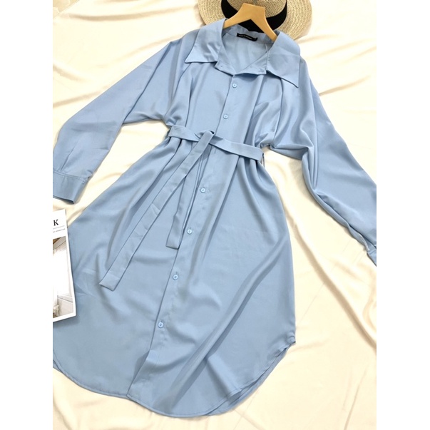 Váy đầm sơ mi nữ suông dáng dài kèm dây thắt đai