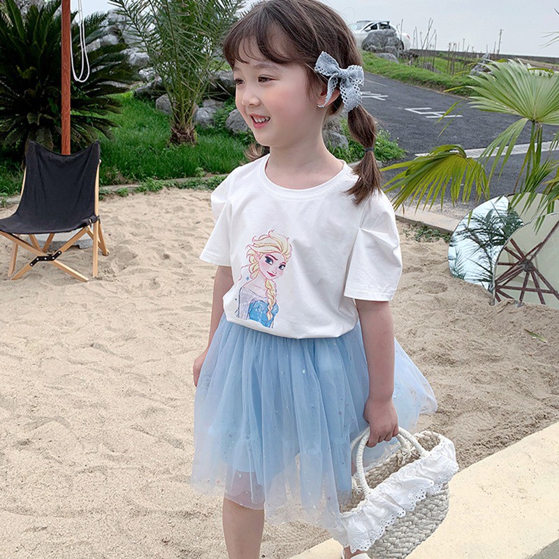 Set Áo Thun Tay Ngắn In Họa Tiết Hoạt Hình + Chân Váy Lưới Phong Cách Hàn Quốc Cho Bé Gái