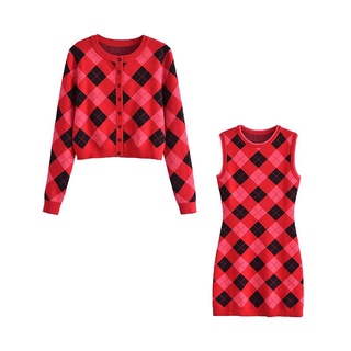 Set váy len + áo khoác len caro đỏ hàng xuất xịn