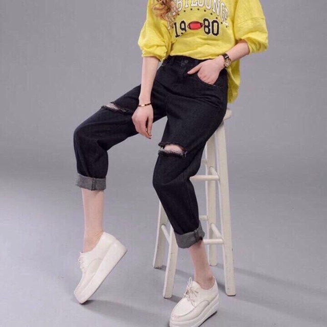 Quần Baggy Bò Rách Gối Hàn Quốc + Tặng 1 đôi vớ nữ siêu dễ thương | BigBuy360 - bigbuy360.vn