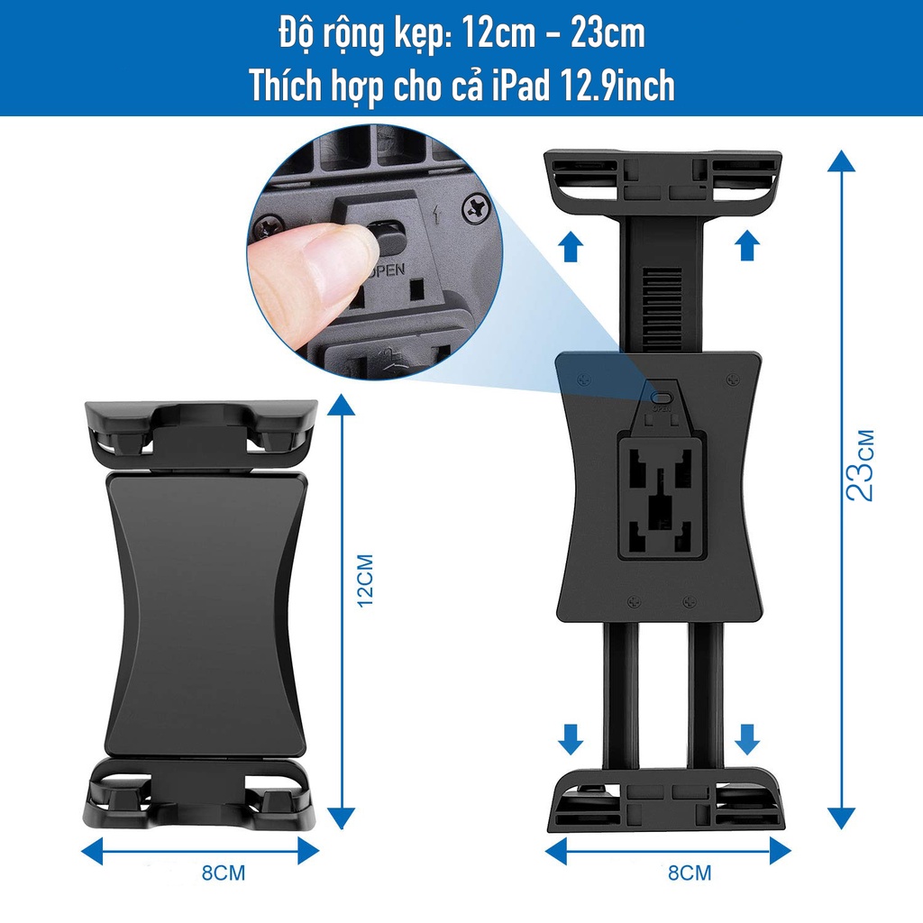Kẹp iPad máy tính bảng loại lớn trục xoay 360 độ kẹp gắn tripod ngang dọc cho máy 8 / 10.2 / 10.9 / 11inch 12.9 inch