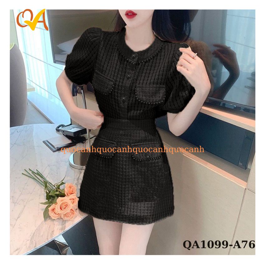 Set Váy nữ Quocanh dạo phố, công sở, chân váy phối với áo sơ mi có túi kiểu, Set đồ nữ xinh xắn