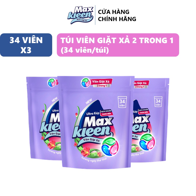 Combo 3 Túi Viên Giặt Xả MaxKleen (34 viên/túi)