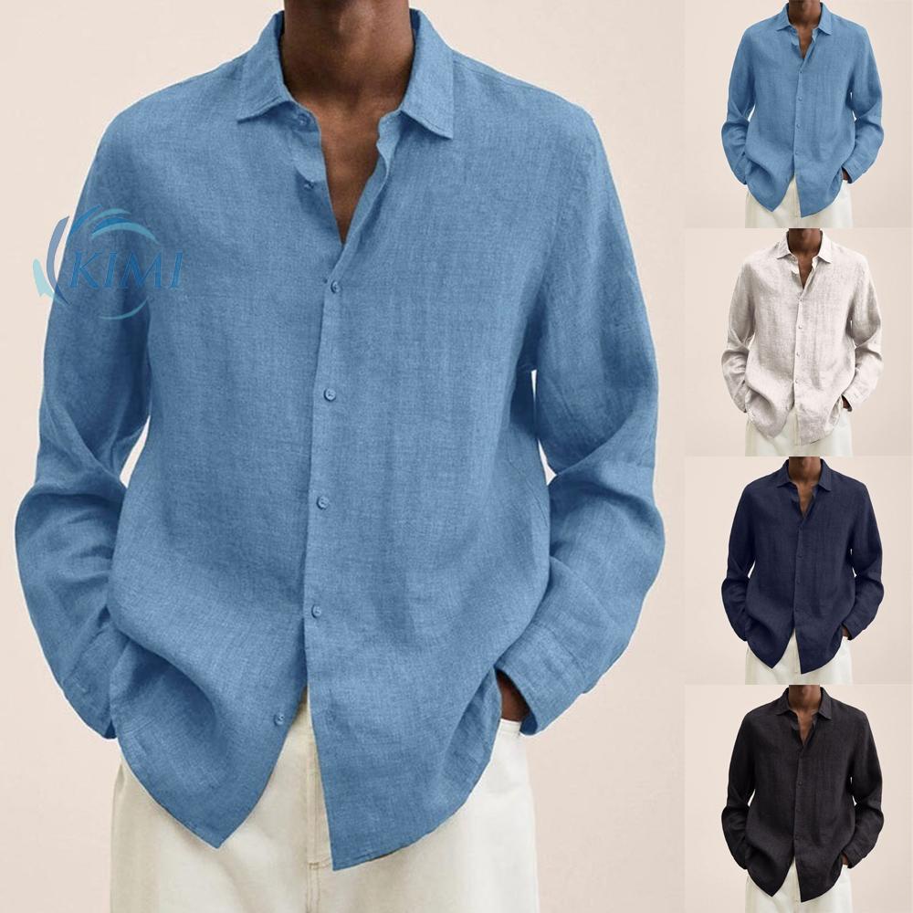 KIMI-Mens Long Sleeve Soild Buttons Cotton Linen Casual Loose Tops Shirt Plus Size