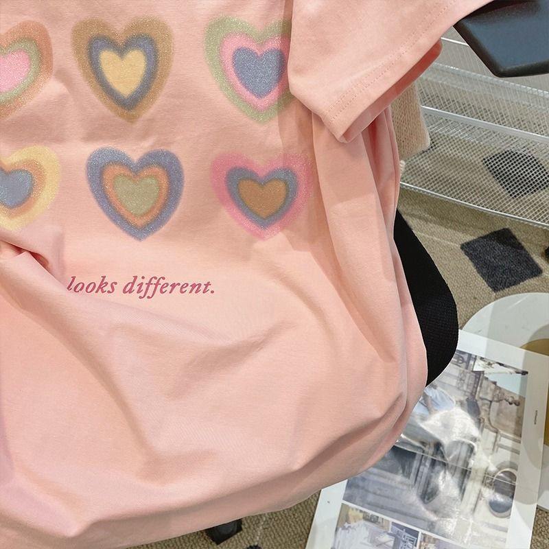 Áo thun Pure Cube tay ngắn dáng rộng in hình trái tim phong cách retro xinh xắn