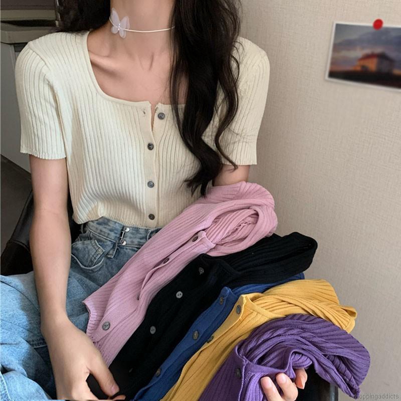 Áo Cardigan Dệt Kim Tay Ngắn Cổ Vuông Đính Nút Kiểu Hàn Quốc Xinh Xắn Cho Nữ | BigBuy360 - bigbuy360.vn