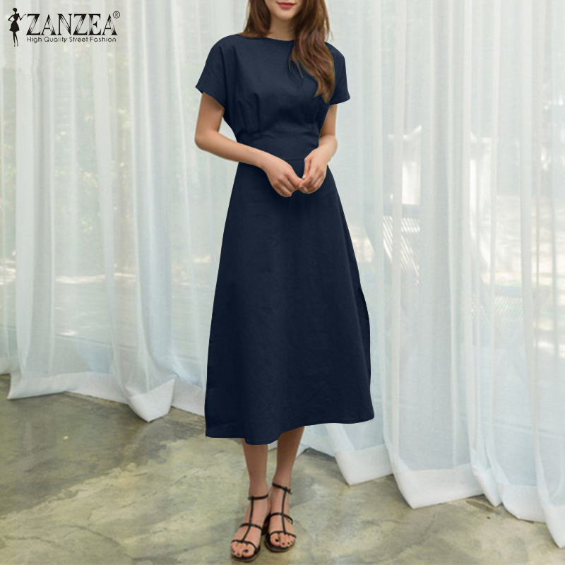 Đầm Dài ZANZEA Tay Ngắn Cổ Tròn Màu Trơn Có Dây Cột Và Khóa Kéo Phía Sau Dành Cho Nữ | BigBuy360 - bigbuy360.vn