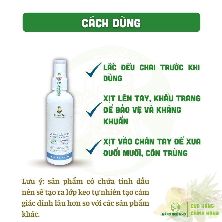 Xịt Khử Khuẩn Tinh Dầu Tràm FUWA 3e Hữu  Cơ Khử Mùi Kháng Khuẩn Xịt Tay Khẩu Trang Không Cồn Không Khô Tay Chai 100ml