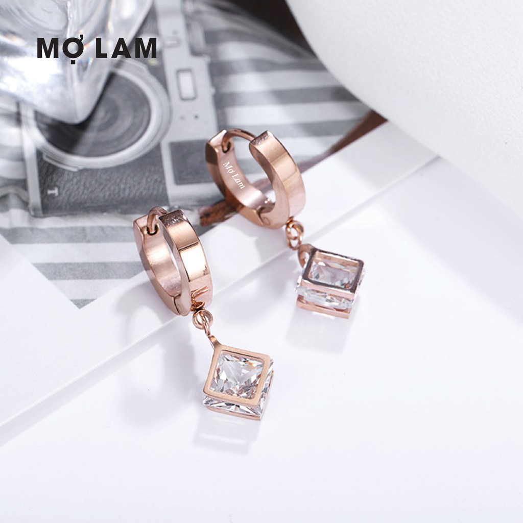 Hoa tai vàng hình thoi đính đá | Bông tai hột xoàn | Trang sức Titan Mợ Lam | Titanium Square Dangle Earrings