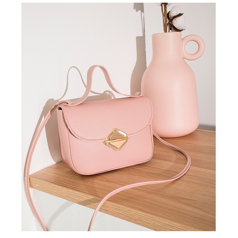 Túi xách Mini hình chữ nhật có khoá phong cách Retro màu hồng dễ thương