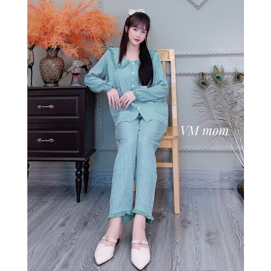 Bộ đồ sau sinh, bộ bầu mặc nhà, thô đũi kẻ cổ sen, quần áo có khoá ngực cho bé ti vải đũi mềm mịn  VM Mom