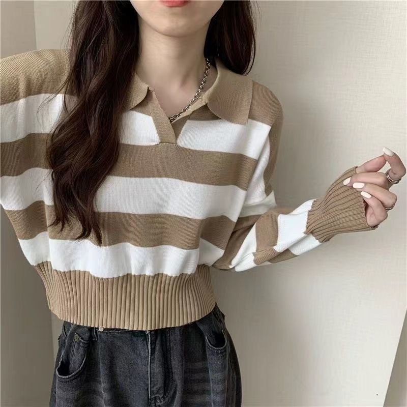 Áo Sweater Dệt Kim Tay Dài Cổ Polo Kẻ Sọc Xinh Xắn Cho Nữ
