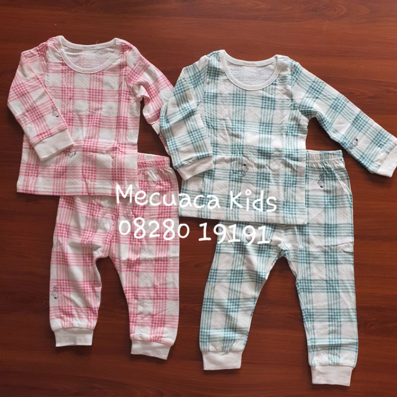 Bộ ngủ dài tay cotton thu đông xuất Hàn kẻ sọc caro kẻ ngang cho bé trai bé gái